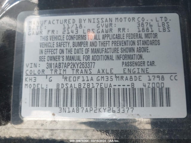 Nissan SENTRA S 2019 3N1AB7AP2KY263377 Image 9