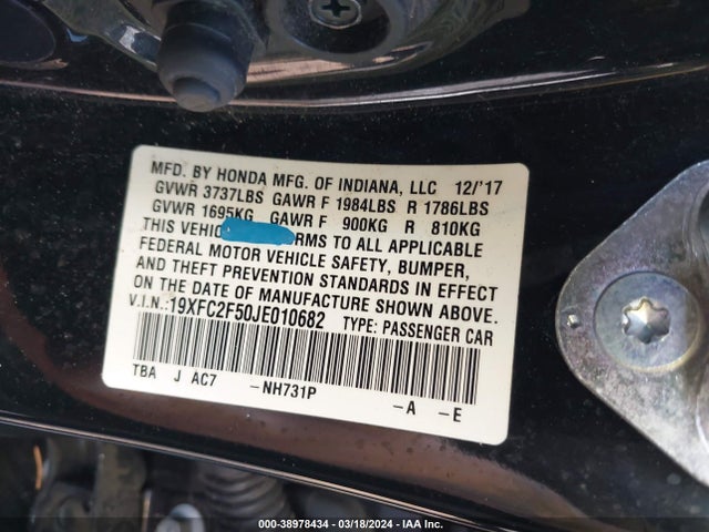 Honda Civic Lx 2018 19XFC2F50JE010682 Image 9