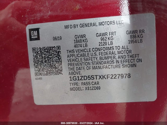 Chevrolet MALIBU LT 2019 1G1ZD5STXKF227978 Image 9