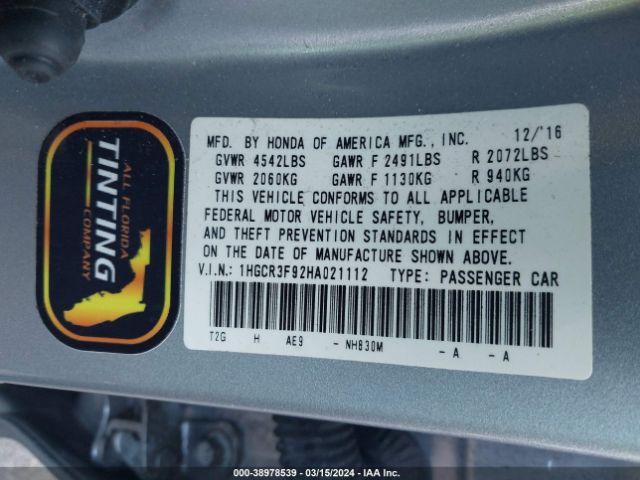 1HGCR3F92HA021112 Honda Accord Touring V6