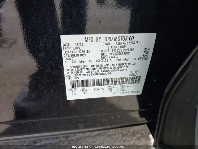 Ford EDGE SEL 2019 2FMPK3J9XKBC63309 Image 9