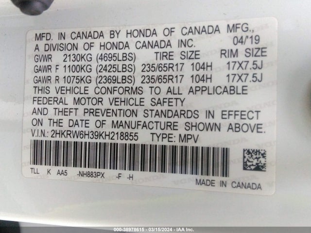 Honda CR-V LX 2019 2HKRW6H39KH218855 Image 9