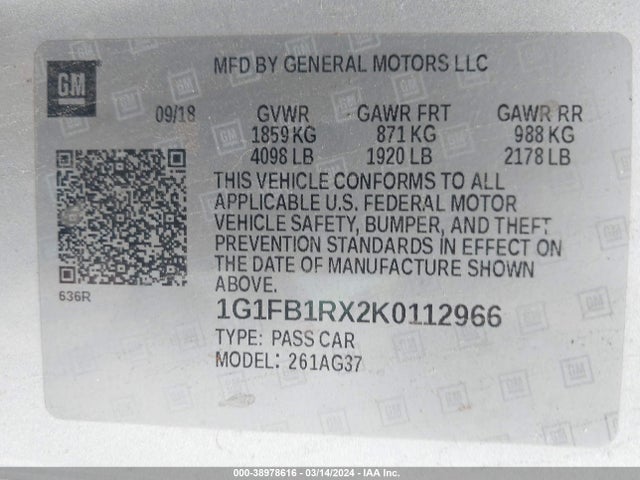 Chevrolet Camaro 1lt 2019 1G1FB1RX2K0112966 Image 9
