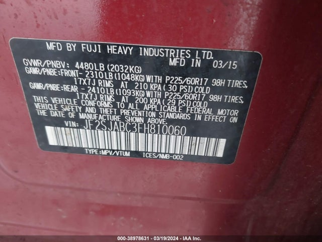 Subaru Forester 2.5i 2015 JF2SJABC3FH810060 Image 9