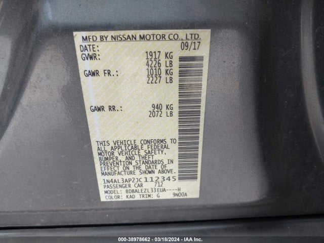 Nissan Altima 2.5 S 2018 1N4AL3AP2JC112345 Image 9