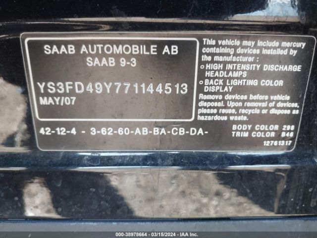 2007 SAAB 9-3 YS3FD49Y771144513 Photo 8