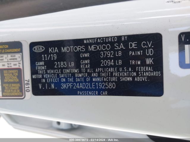 3KPF24AD2LE192580 KIA Forte Lxs
