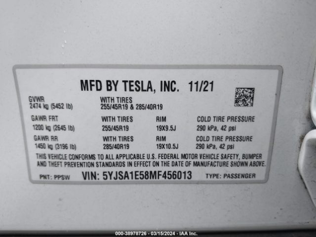 5YJSA1E58MF456013 Tesla Model S Long Range Dual Motor All-wheel Drive
