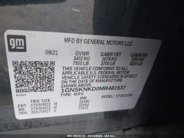 1GNSKNKD0MR481537 Chevrolet Tahoe 4wd Lt