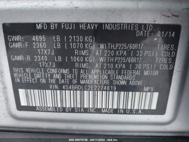 4S4BRDLC2E2274819 Subaru Outback 3.6r Limited