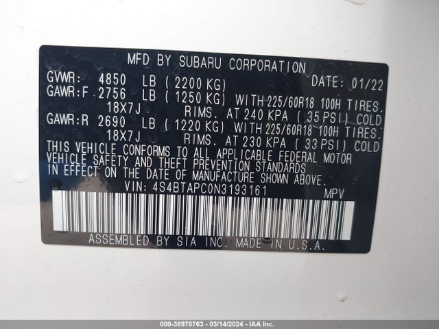 Subaru Outback Touring 2022 4S4BTAPC0N3193161 Image 9