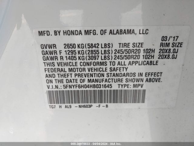 5FNYF6H04HB031645 Honda Pilot Elite