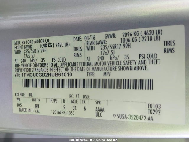 Ford ESCAPE SE 2017 1FMCU0GD2HUB61010 Image 9