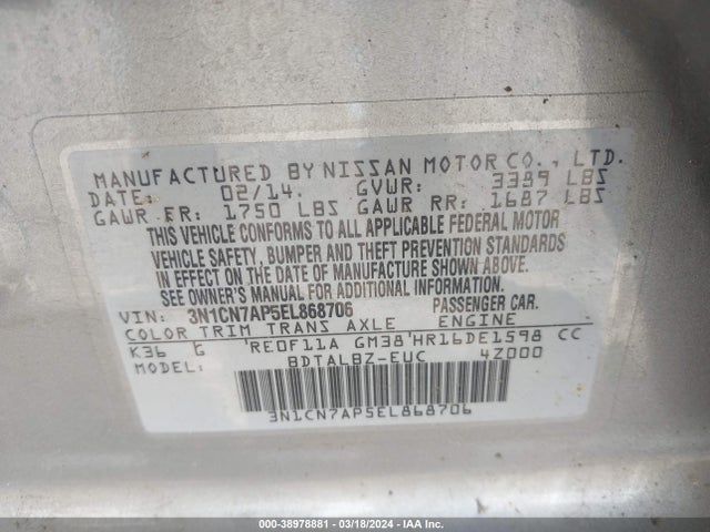 Aukcja sprzedaży 2014 Nissan Versa 1.6 Sv, vin: 3N1CN7AP5EL868706, numer aukcji: 38978881