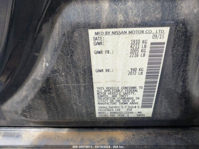 Nissan Altima 2.5 S 2015 1N4AL3AP4FC575045 Image 9