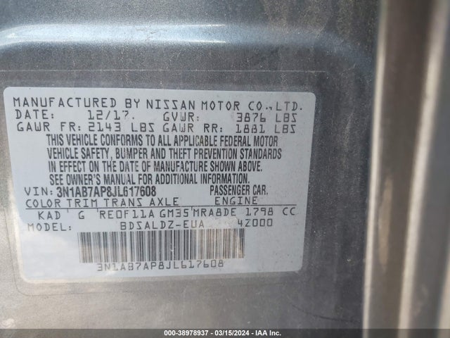 Nissan SENTRA SV 2018 3N1AB7AP8JL617608 Image 9