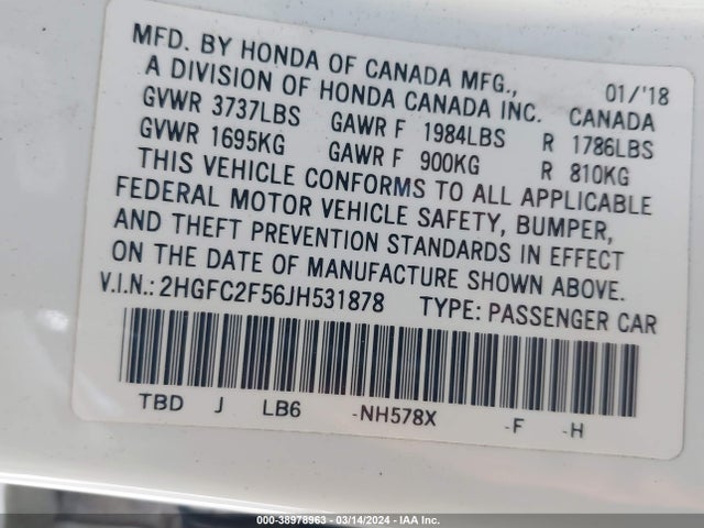 Honda Civic Lx 2018 2HGFC2F56JH531878 Image 9