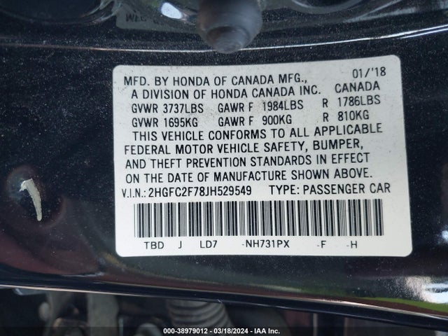 Honda CIVIC EX 2018 2HGFC2F78JH529549 Image 9