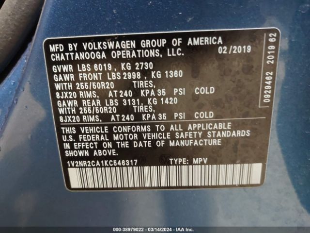 1V2NR2CA1KC546317 Volkswagen Atlas 3.6l V6 Sel Premium