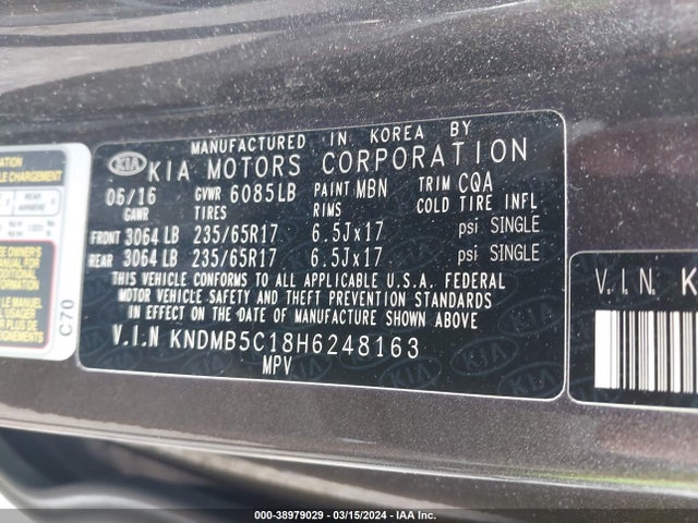 KIA SEDONA LX 2017 KNDMB5C18H6248163 Image 9