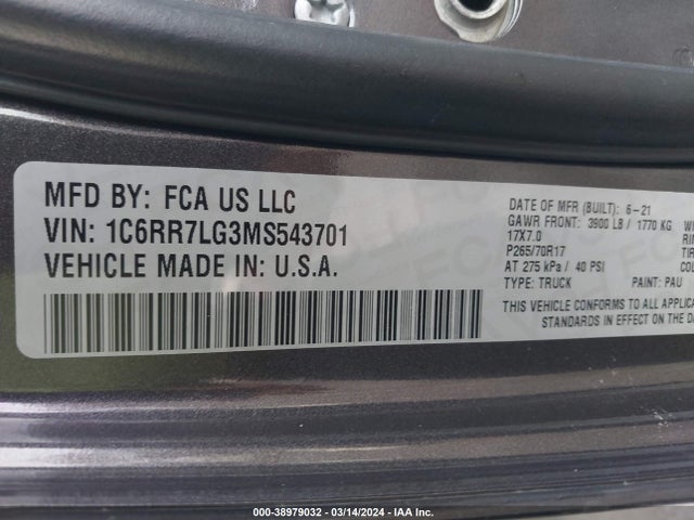 RAM 1500 Classic Slt  4x4 5'7 Box 2021 1C6RR7LG3MS543701 Image 9