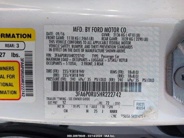 Ford Fusion Hybrid Titanium 2017 3FA6P0RU5HR222742 Image 9