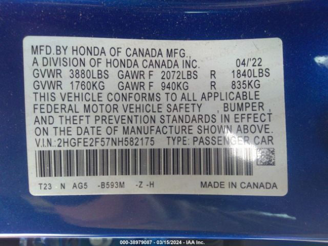 2HGFE2F57NH582175 Honda Civic Sport