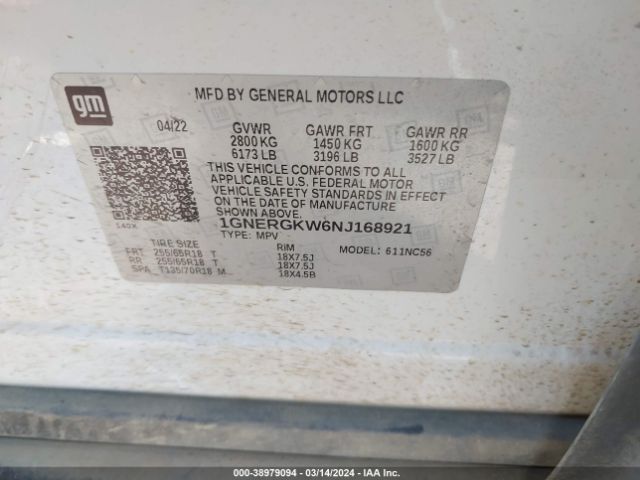 1GNERGKW6NJ168921 Chevrolet Traverse Fwd Lt Cloth