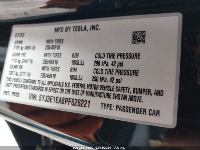 Tesla Model 3 Rear-wheel Drive 2023 5YJ3E1EA8PF626221 Image 9
