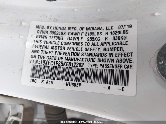 Honda CIVIC EX 2019 19XFC1F35KE012292 Image 9