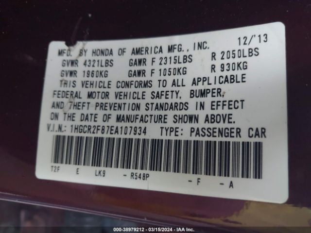 1HGCR2F87EA107934 Honda Accord Ex-l