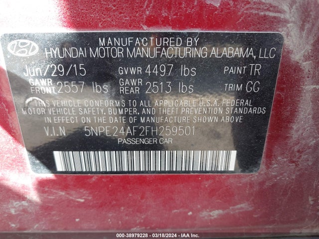 Hyundai SONATA SE 2015 5NPE24AF2FH259501 Image 9