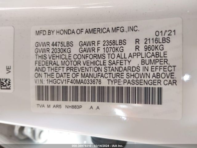 1HGCV1F40MA033676 Honda Accord Sport Special Edition