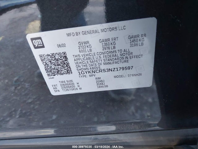 1GYKNCRS3NZ179597 Cadillac Xt5 Fwd Premium Luxury