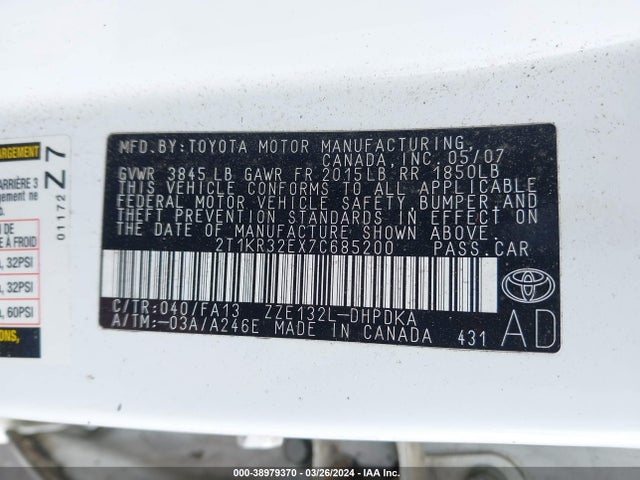 Продаж на аукціоні авто 2007 Toyota Matrix, vin: 2T1KR32EX7C685200, номер лоту: 38979370