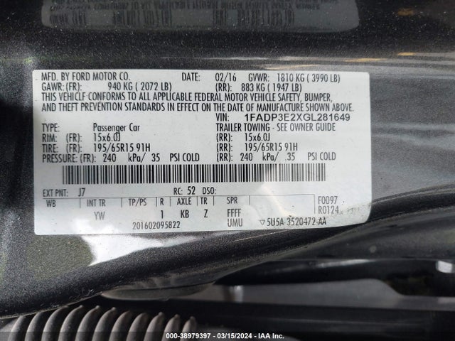 Ford FOCUS S 2016 1FADP3E2XGL281649 Image 9