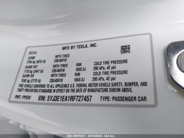 5YJ3E1EA1RF727457 Tesla Model 3 Rear-wheel Drive
