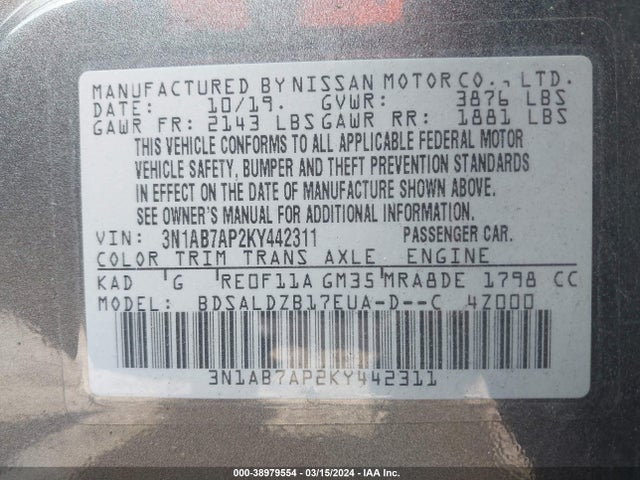 Nissan SENTRA SV 2019 3N1AB7AP2KY442311 Image 9