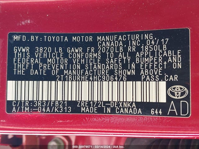 Toyota COROLLA LE 2017 2T1BURHE4HC906476 Image 9