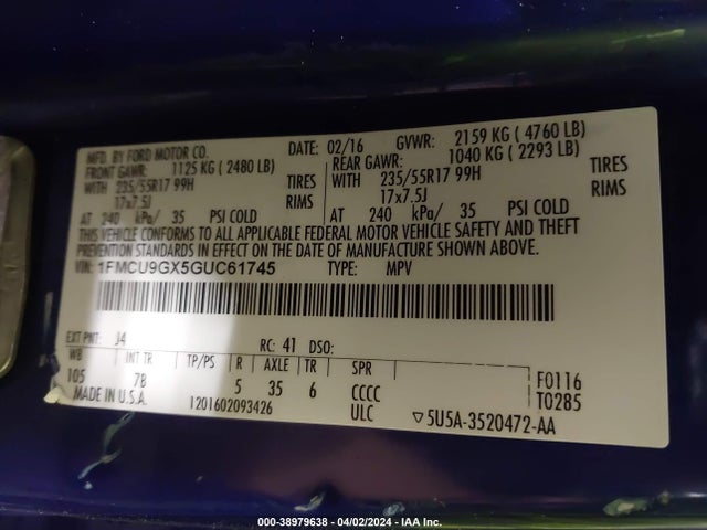 Ford ESCAPE SE 2016 1FMCU9GX5GUC61745 Image 9