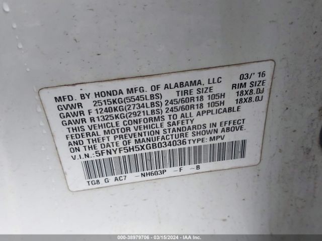 5FNYF5H5XGB034036 Honda Pilot Ex-l