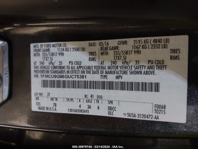 Ford ESCAPE SE 2016 1FMCU9G96GUC75381 Image 9