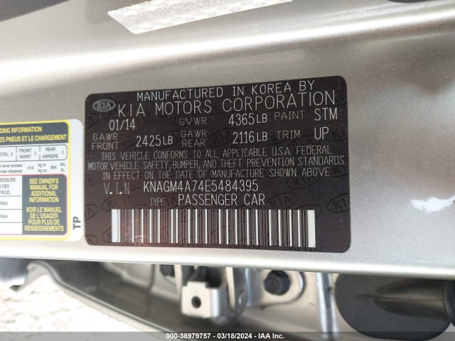KIA Optima Lx 2014 KNAGM4A74E5484395 Image 9