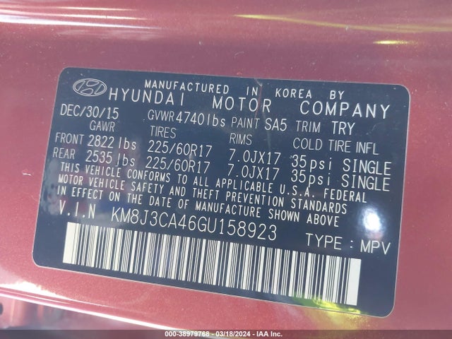 Aukcja sprzedaży 2016 Hyundai Tucson Se, vin: KM8J3CA46GU158923, numer aukcji: 38979768