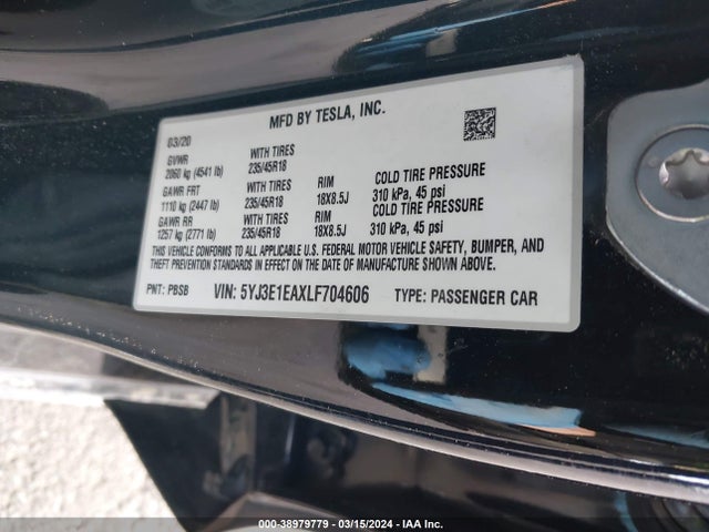 Tesla Model 3 Standard Range Plus Rear-wheel Drive/standard Range Rear-wheel Drive 2020 5YJ3E1EAXLF704606 Image 9