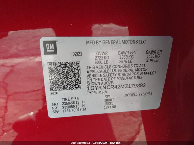 1GYKNCR42MZ179882 Cadillac Xt5 Fwd Premium Luxury