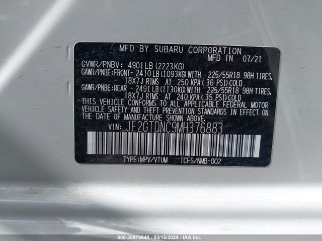 Subaru CROSSTREK HYBRID 2021 JF2GTDNC9MH376883 Image 9