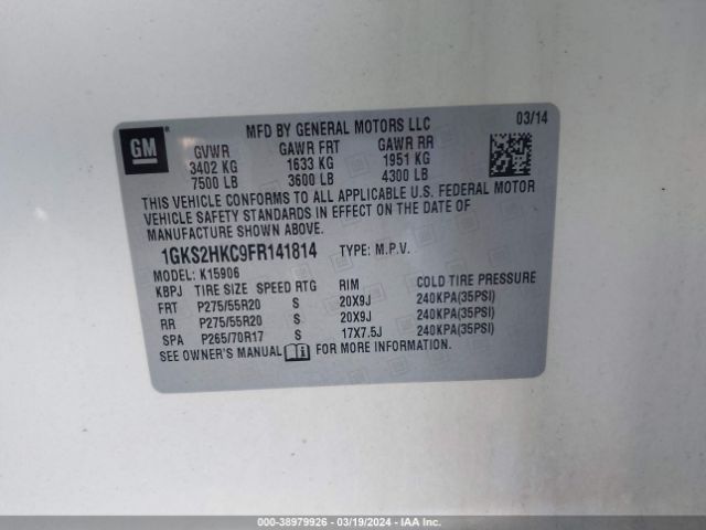 1GKS2HKC9FR141814 GMC Yukon Xl 1500 Slt