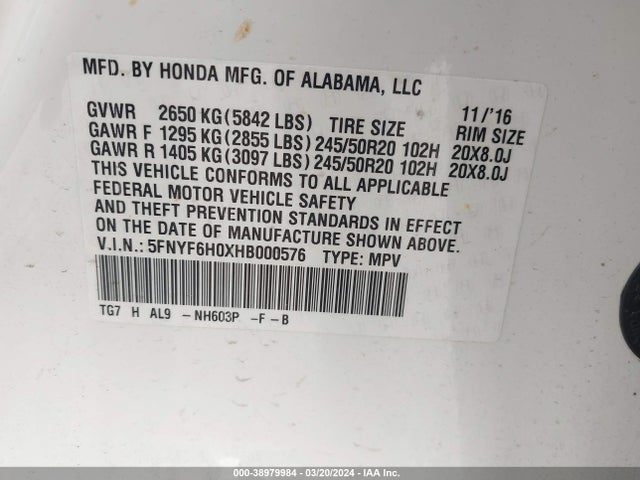 Honda Pilot Elite 2017 5FNYF6H0XHB000576 Image 9