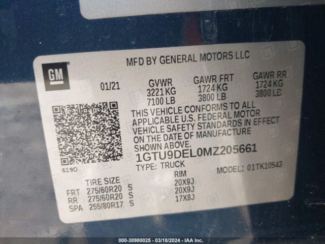 1GTU9DEL0MZ205661 GMC Sierra 1500 Slt